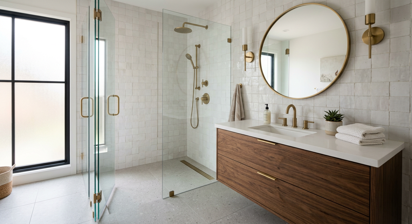Remodeled bathroom with glass shower and walnut vanity
