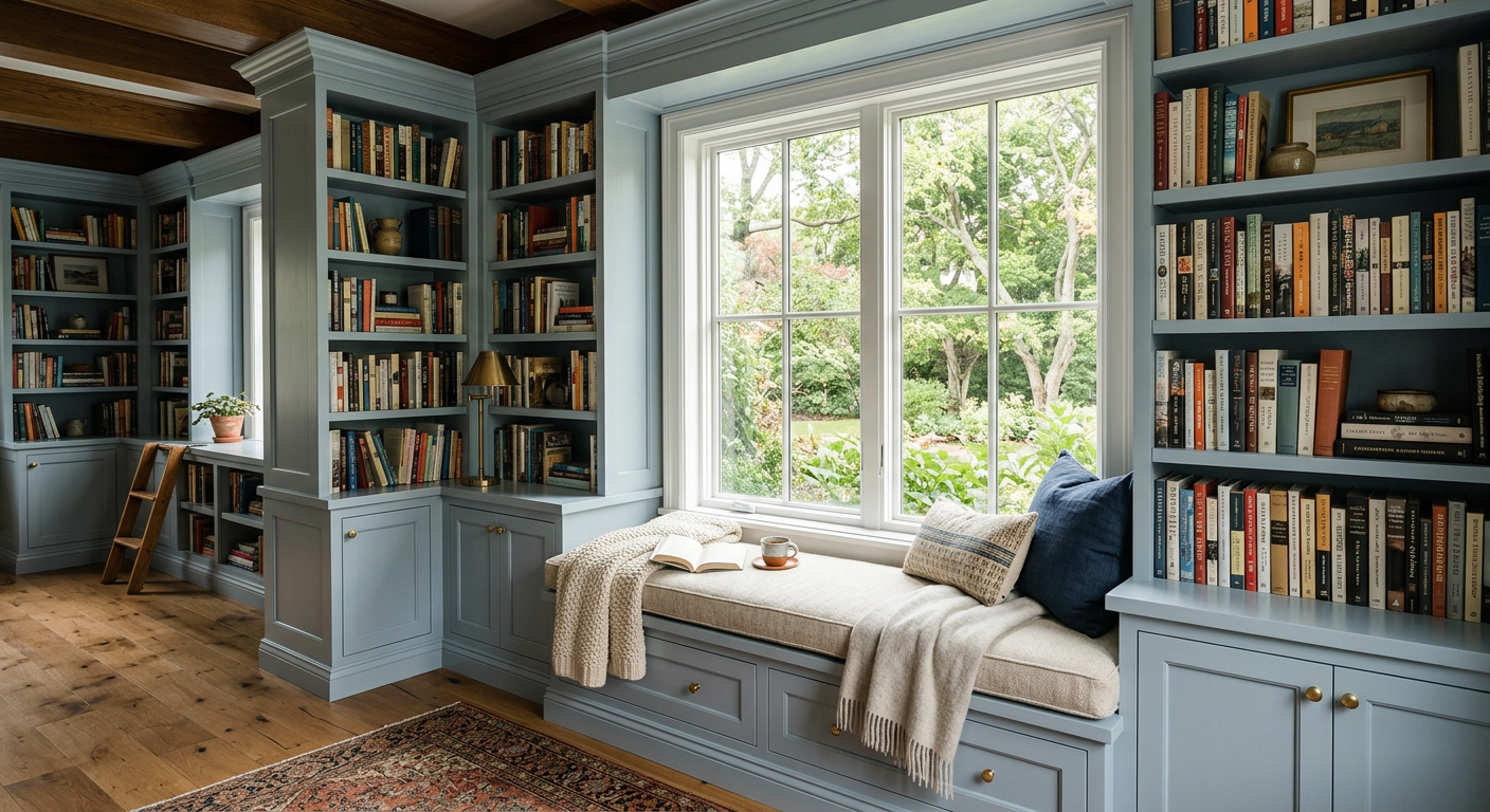 Custom built-in bookshelves and window seat