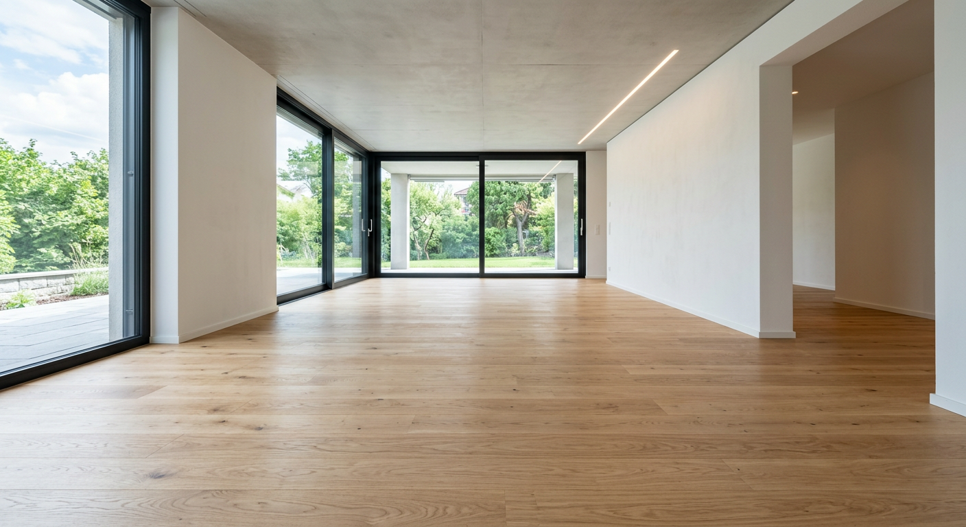 Newly installed light oak hardwood floor in a bright living room