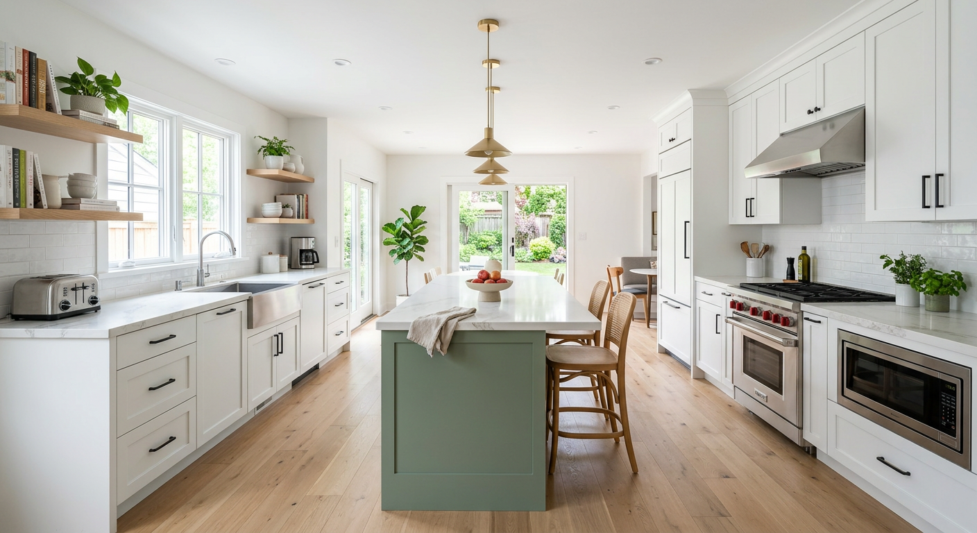 Renovated kitchen with white cabinets and a sage green island